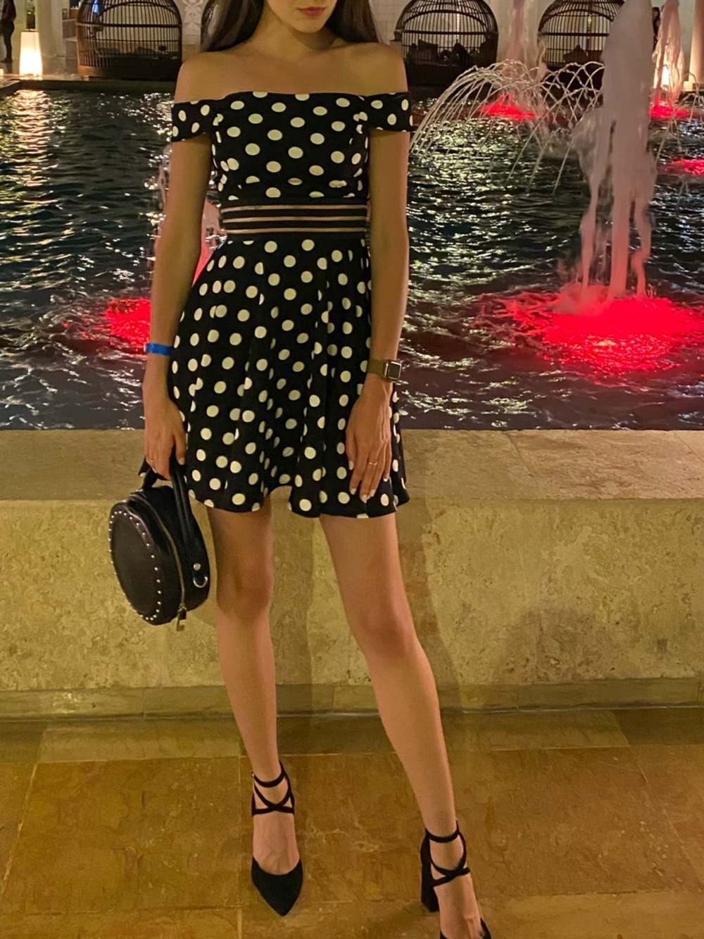 B. Darlin Off-Shoulder Black Polka Dot Dress with Waist Cutouts Sz: 1/2